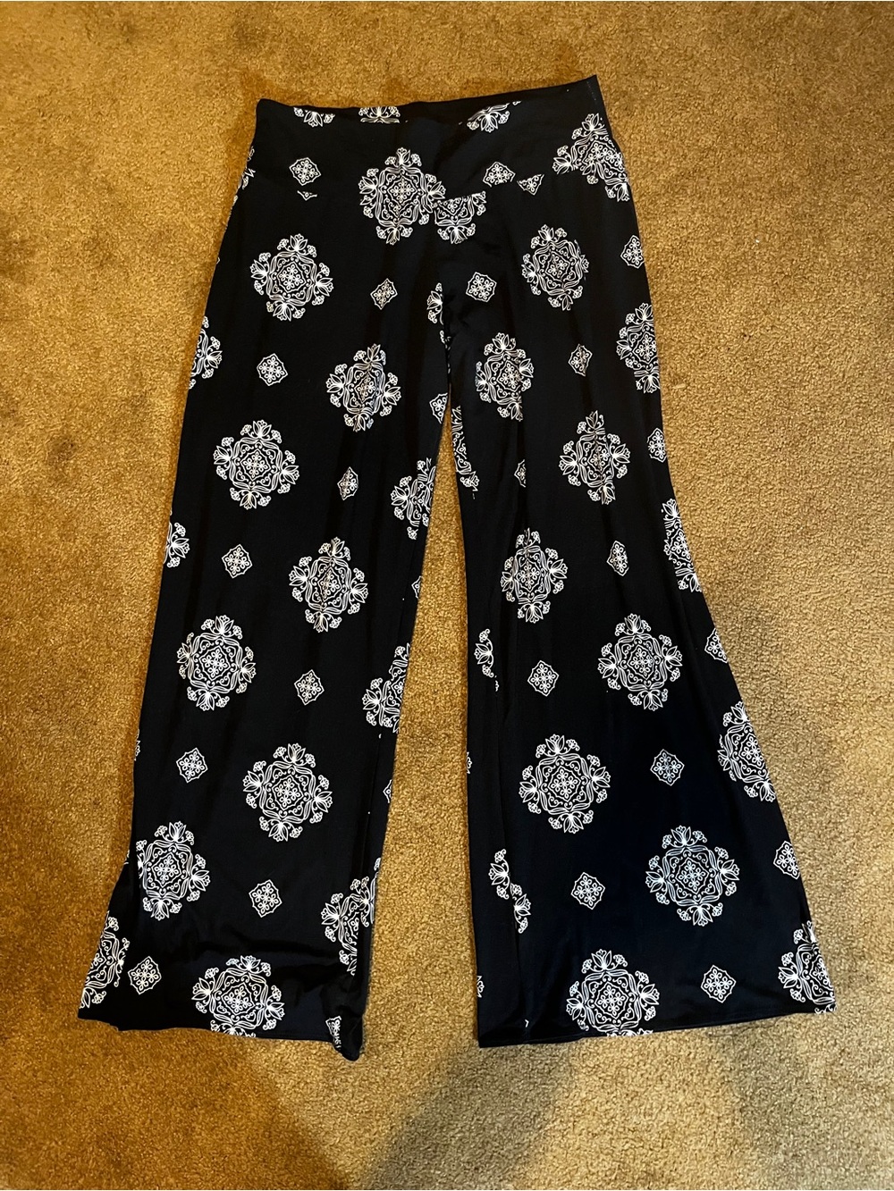Black Wide-Leg Pants with White Medallion Print